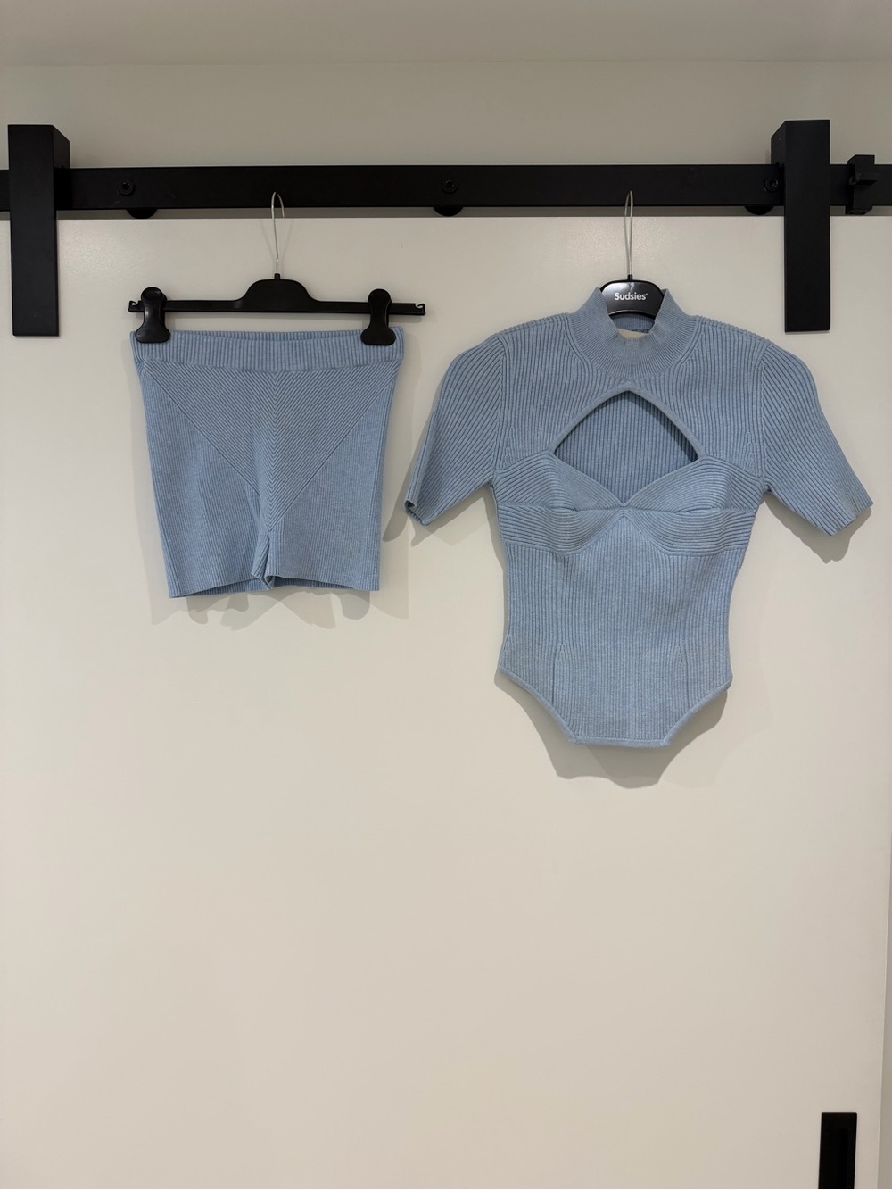 Fleur du Mal Light Blue Ribbed Cutout Bodysuit with Matching Shorts - Picture 1 of 8